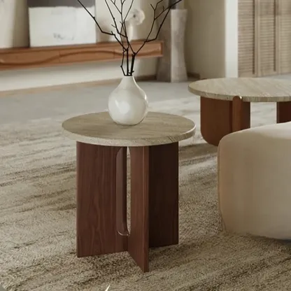 Modern Travertine TOP Round Accent Table with Wood Base Image - 8