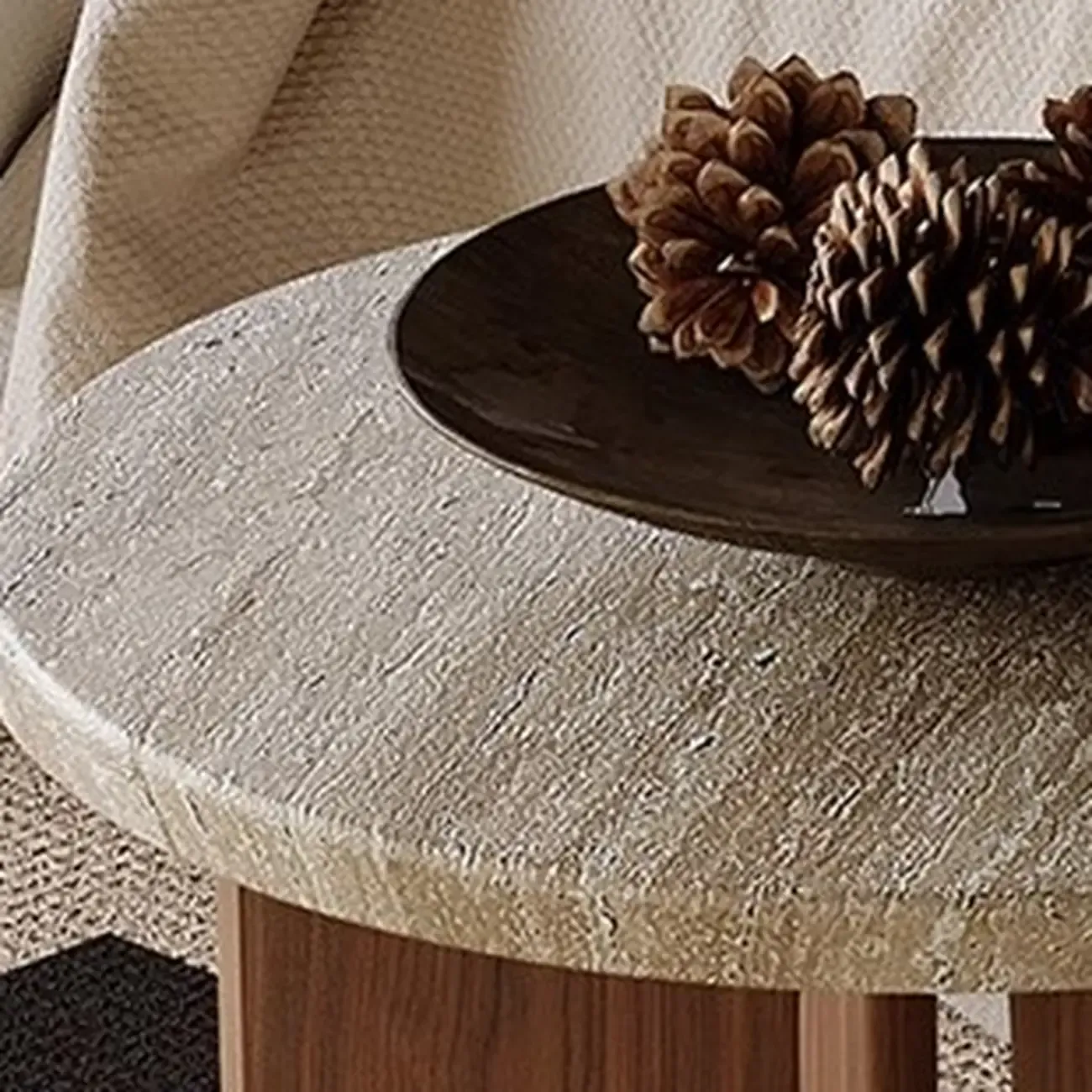 Modern Travertine TOP Round Accent Table with Wood Base Image - 9