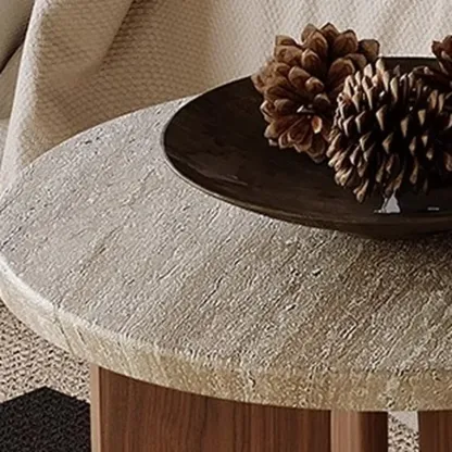 Modern Travertine TOP Round Accent Table with Wood Base Image - 9