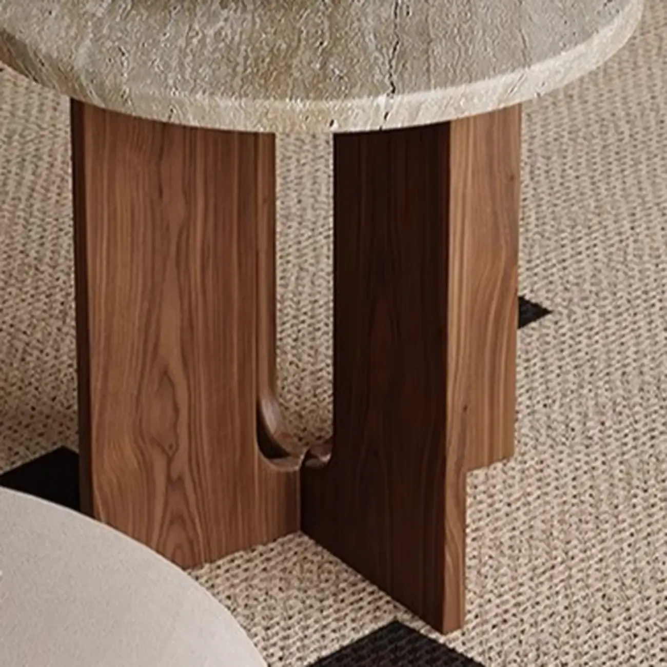 Modern Travertine TOP Round Accent Table with Wood Base Image - 10