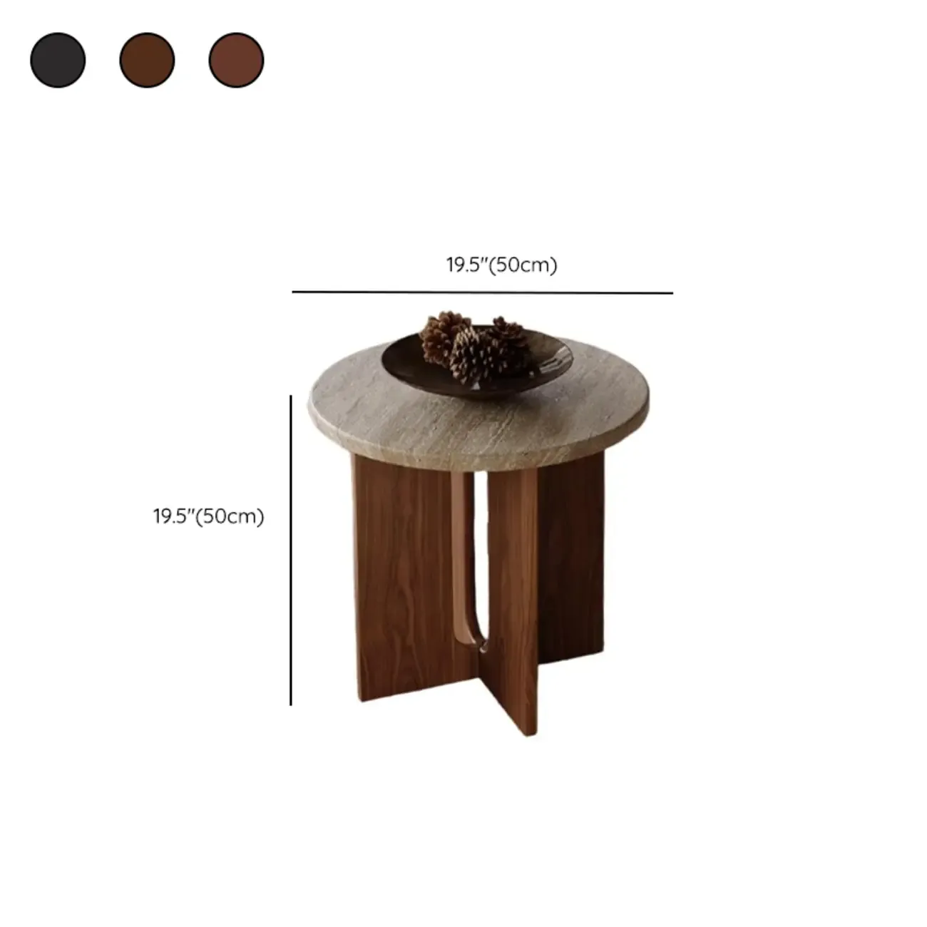 Modern Travertine TOP Round Accent Table with Wood Base #size