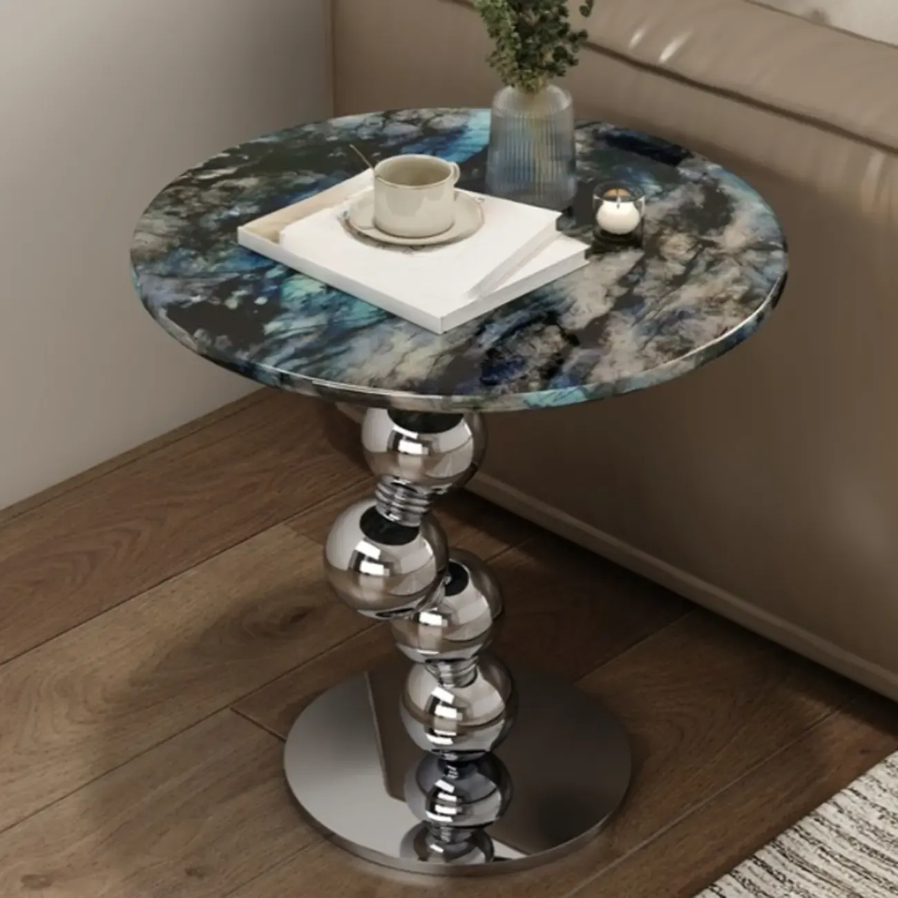 Contemporary Marble Top Round Side Table Metal Base Image - 4