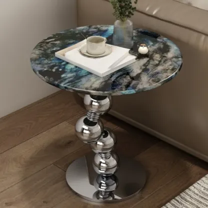 Contemporary Marble Top Round Side Table Metal Base Image - 4