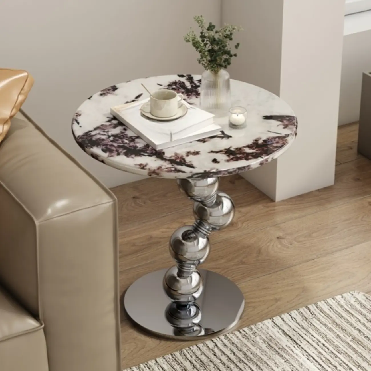 Contemporary Marble Top Round Side Table Metal Base Image - 6 | homeyfad