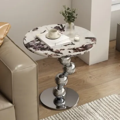 Contemporary Marble Top Round Side Table Metal Base Image - 6