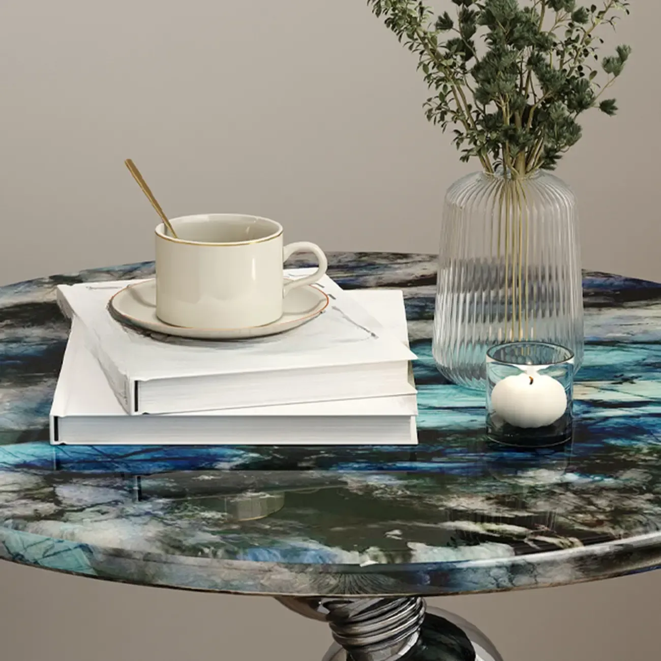 Contemporary Marble Top Round Side Table Metal Base Image - 8