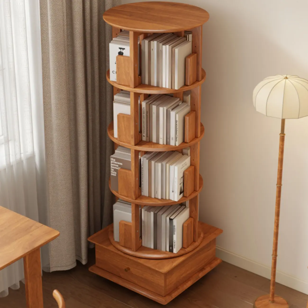 Swivel Rubberwood Vertical Open Back Bookcase with Drawer Image - 3 | homeyfad