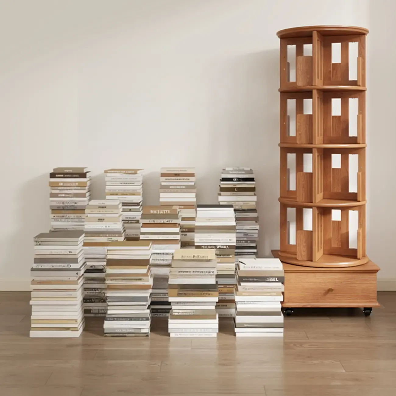 Swivel Rubberwood Vertical Open Back Bookcase with Drawer Image - 6