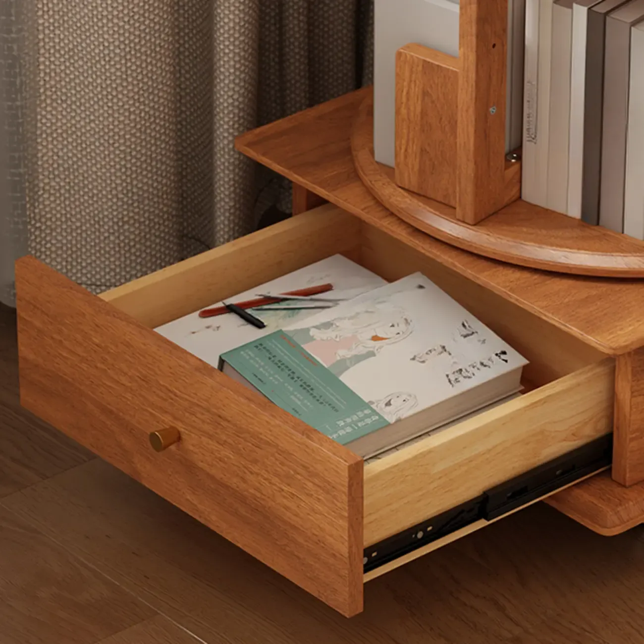 Swivel Rubberwood Vertical Open Back Bookcase with Drawer Image - 12