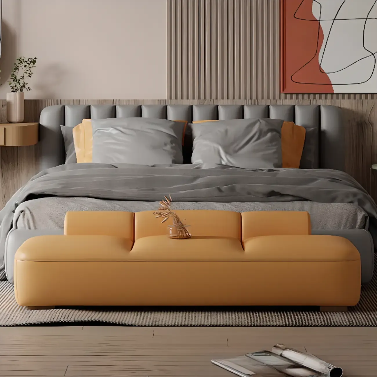 Modern Upholstered Leather Tufted Long Bedroom Bench Image - 1