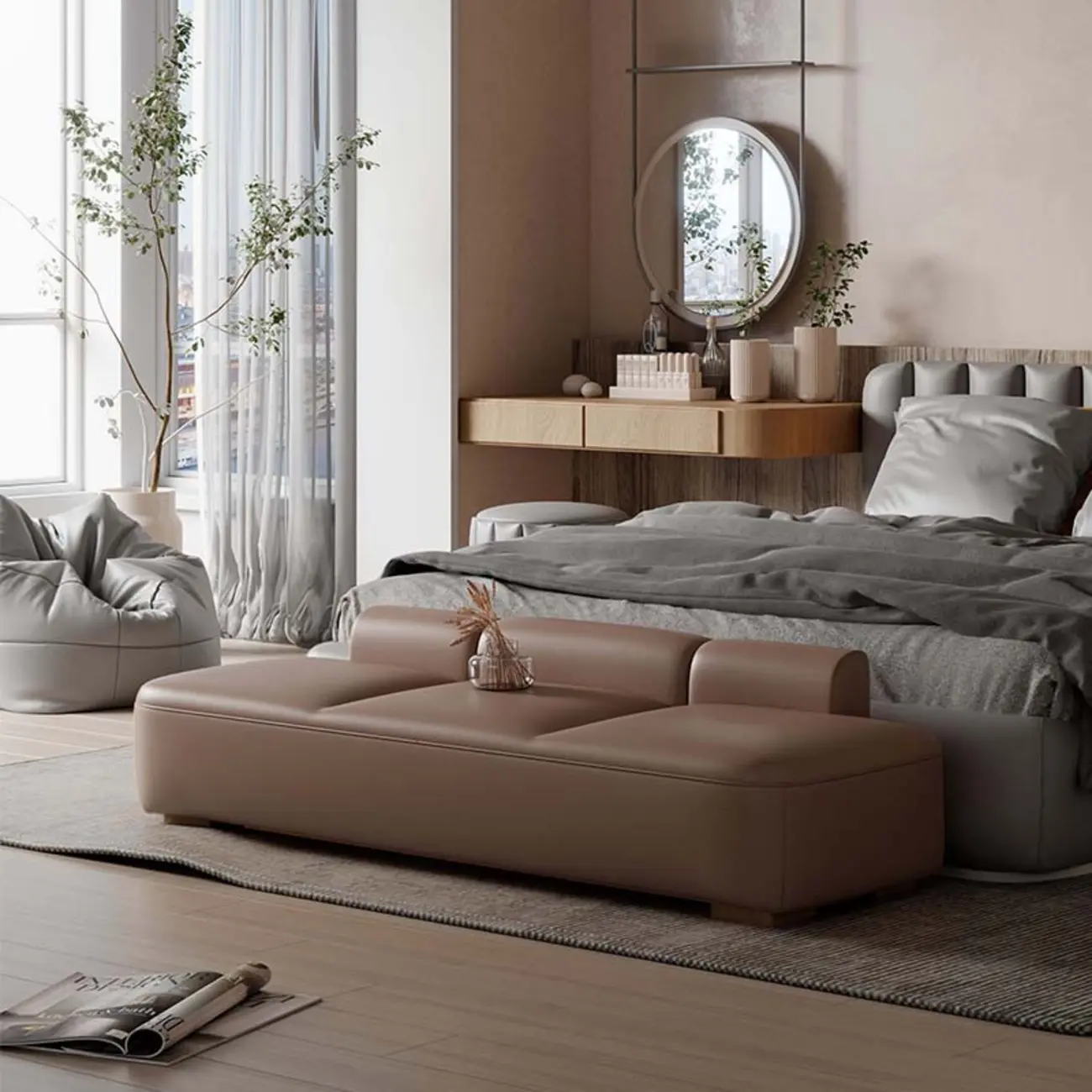 Modern Upholstered Leather Tufted Long Bedroom Bench Image - 3 | homeyfad