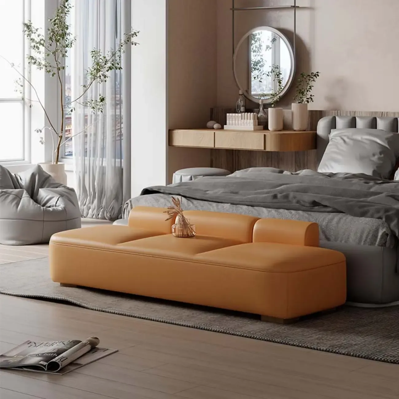 Modern Upholstered Leather Tufted Long Bedroom Bench Image - 4