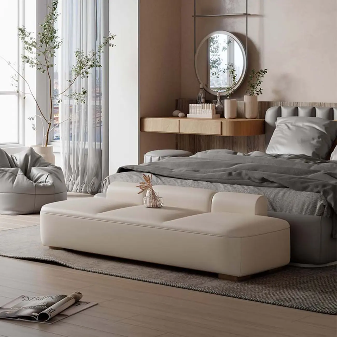 Modern Upholstered Leather Tufted Long Bedroom Bench Image - 5 | homeyfad