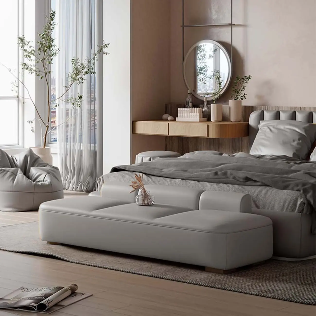 Modern Upholstered Leather Tufted Long Bedroom Bench Image - 6 | homeyfad