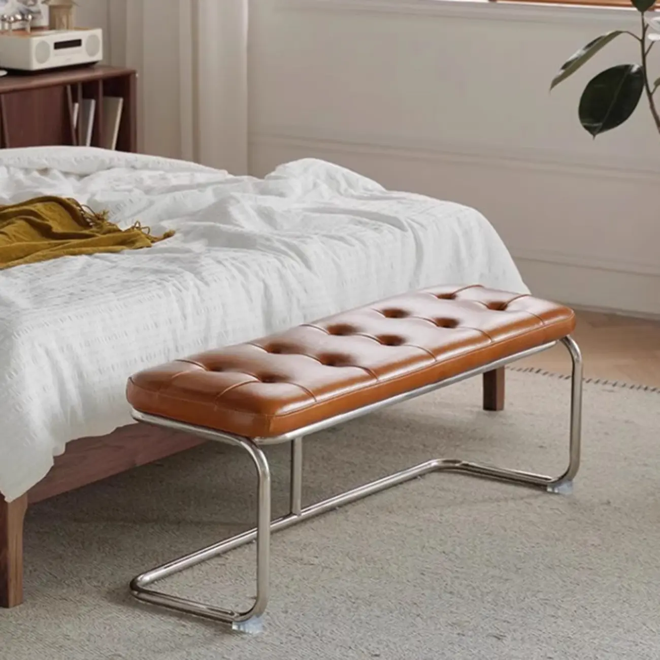 Modern Leather Rectangular Upholstered Bedroom Bench Image - 4 | homeyfad