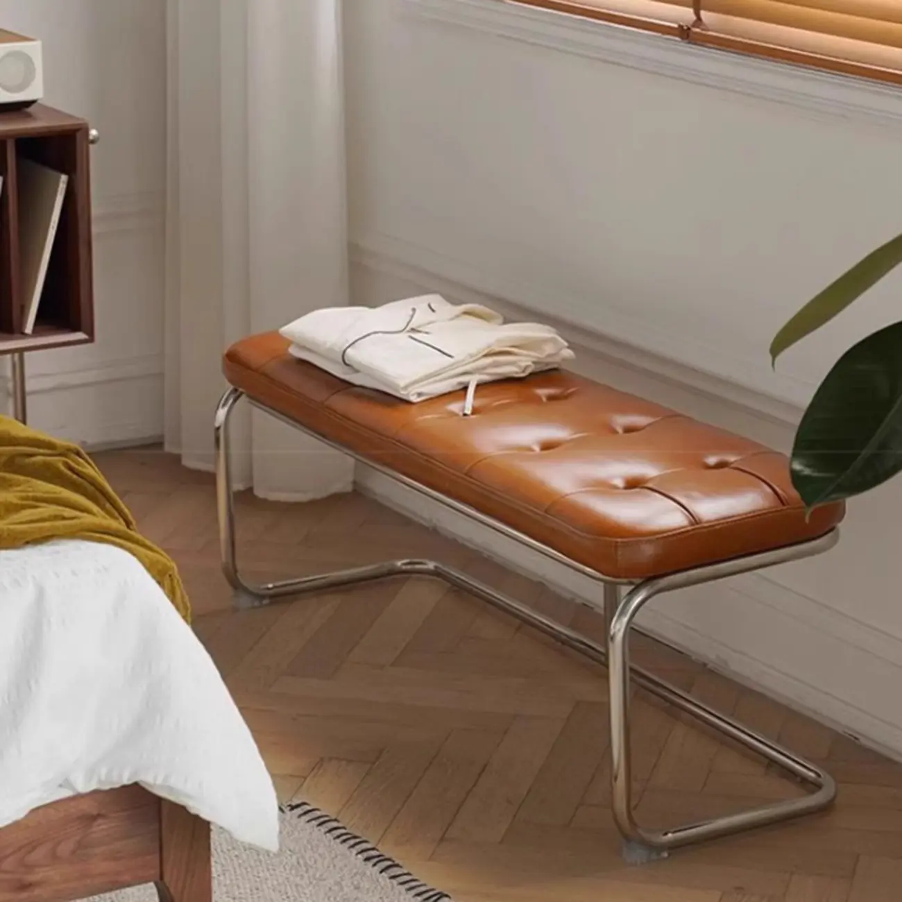 Modern Leather Rectangular Upholstered Bedroom Bench Image - 6 | homeyfad