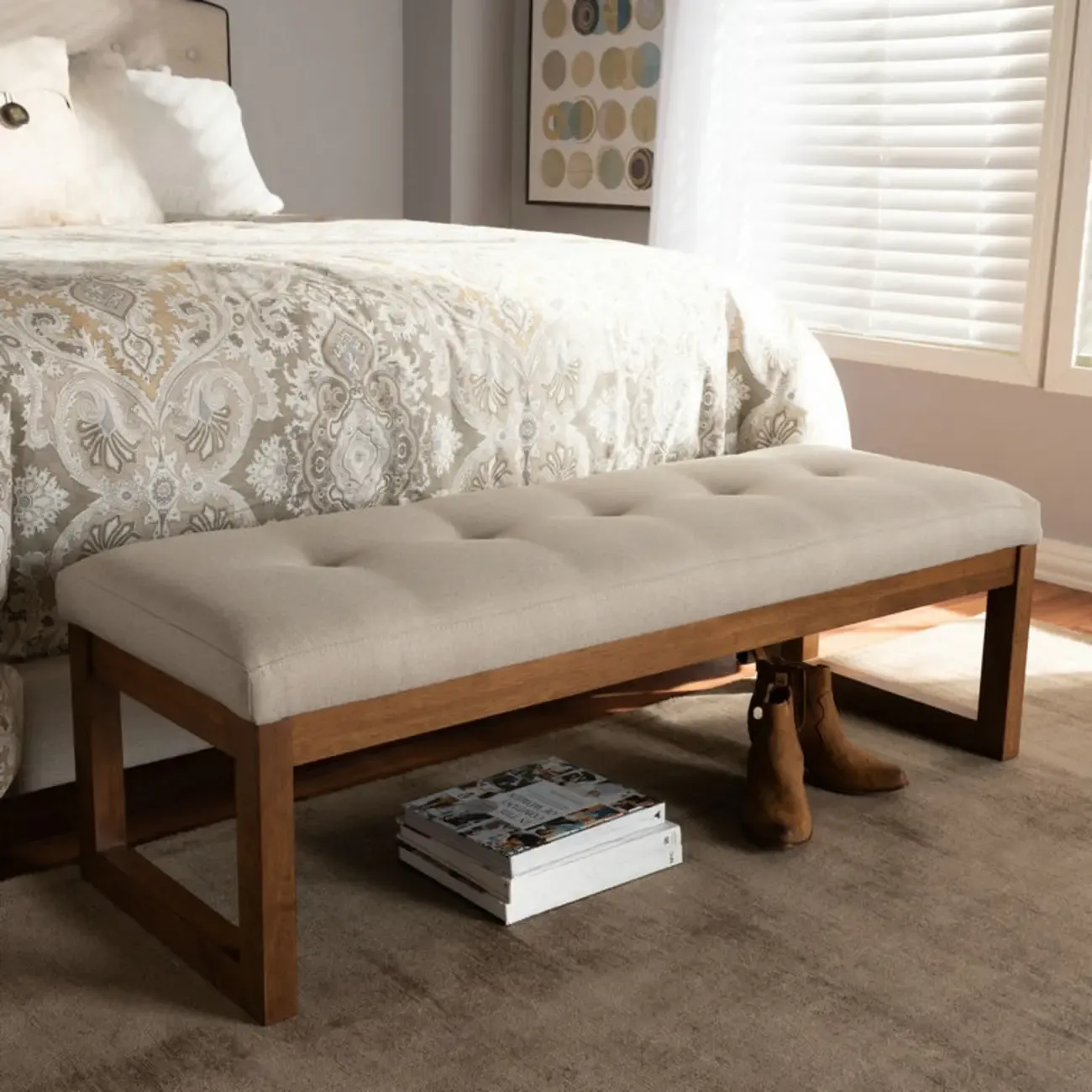 Traditional Upholstered Gray Bedroom Bench Wood Frame Image - 5