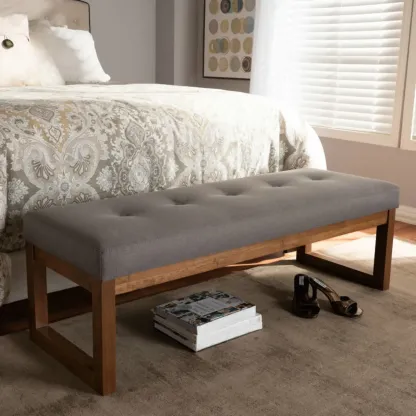 Traditional Upholstered Gray Bedroom Bench Wood Frame Image - 6