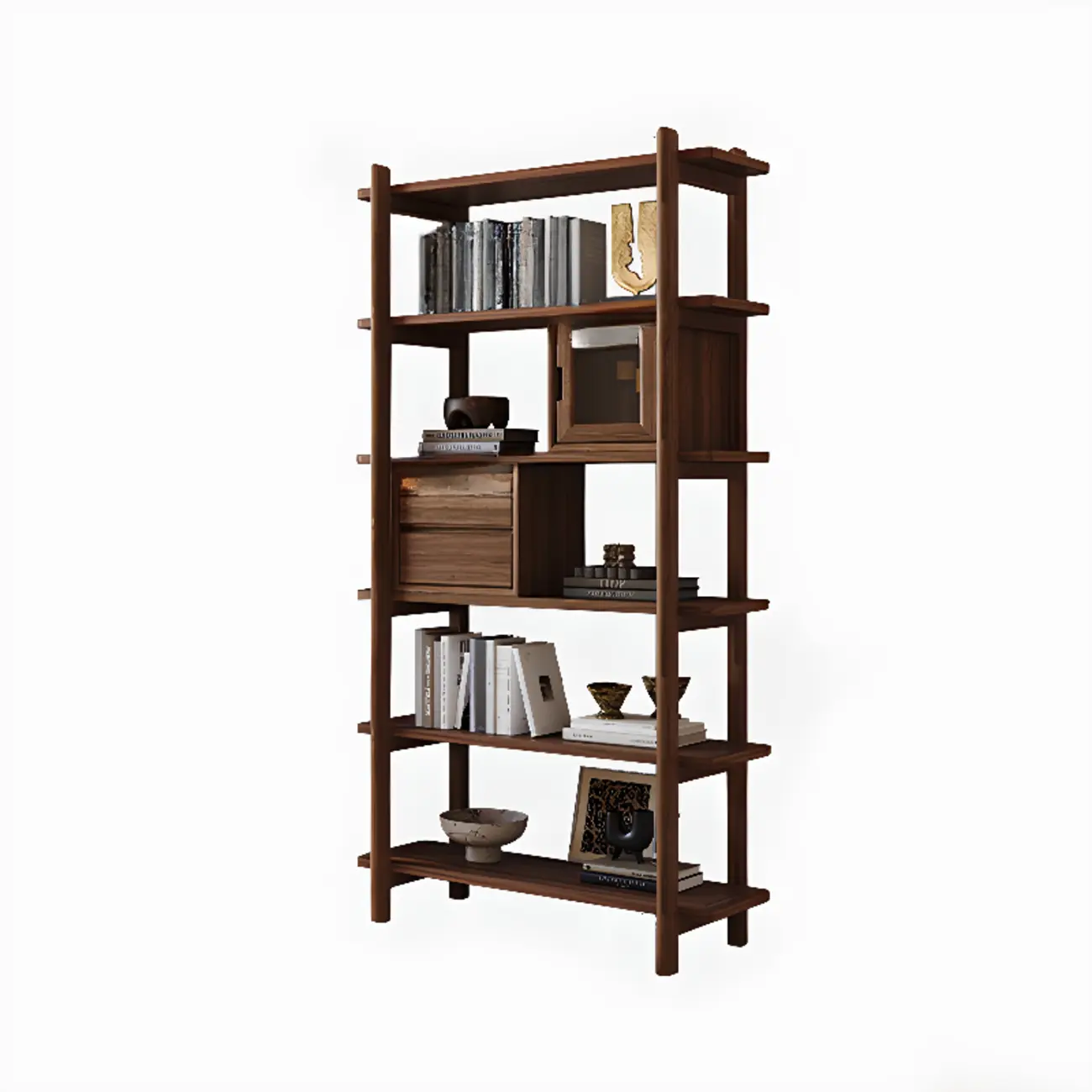 Black Walnut Open Back Wooden Vertical Display Bookshelf Image - 2 | homeyfad