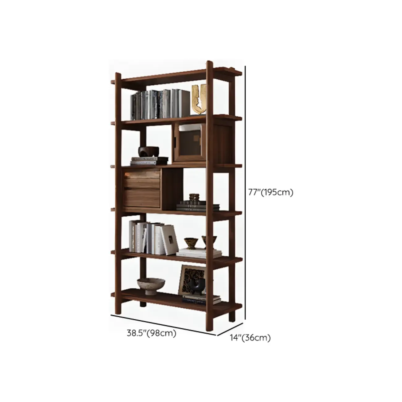 Black Walnut Open Back Wooden Vertical Display Bookshelf #size