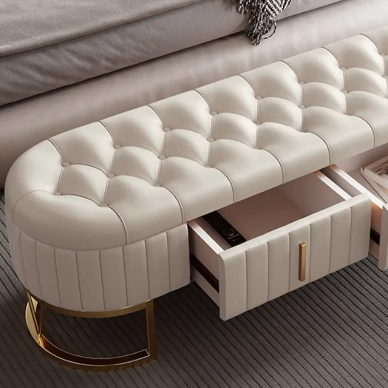 Cushioned Glam Upholstered Bedroom Bench With Drawers Image - 2 | homeyfad