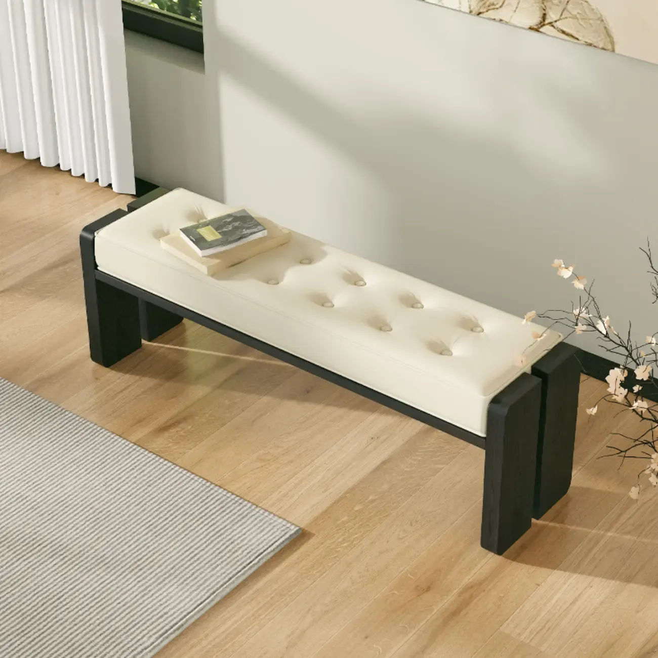 White Faux Leather Wood Upholstered Bedroom Bench Image - 1