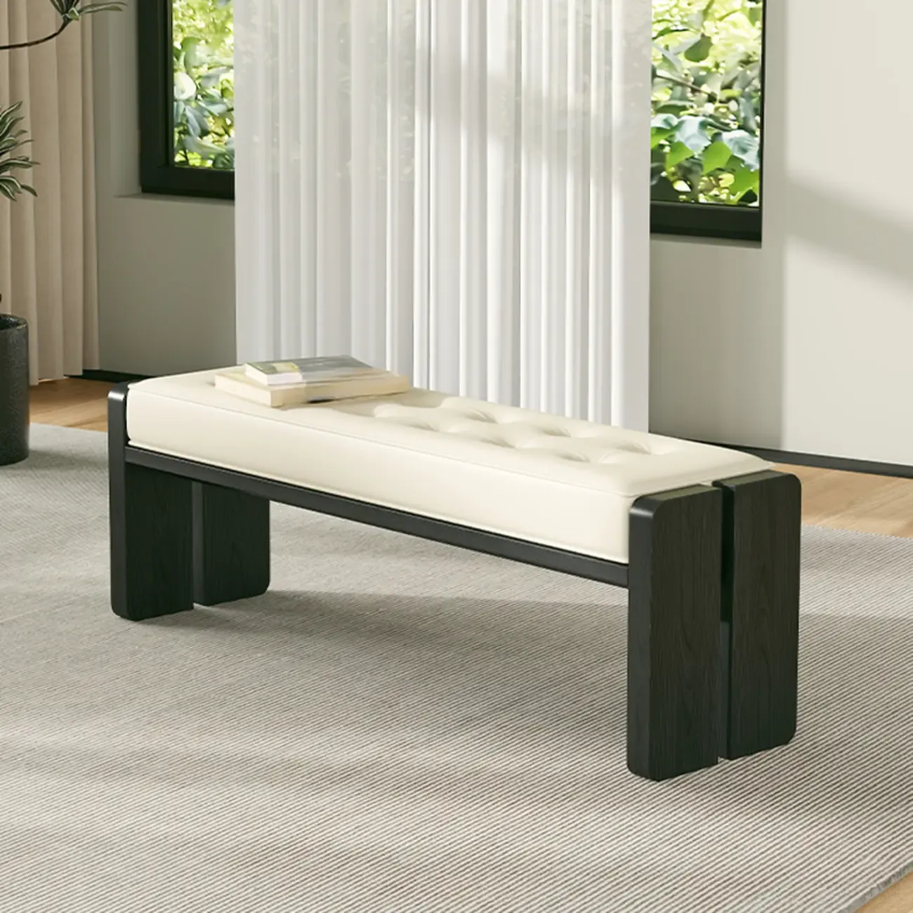 White Faux Leather Wood Upholstered Bedroom Bench Image - 3