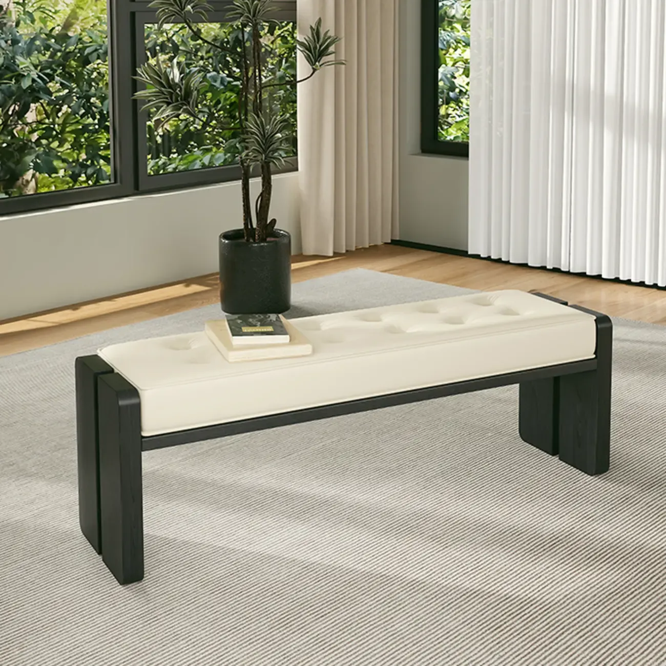 White Faux Leather Wood Upholstered Bedroom Bench Image - 4