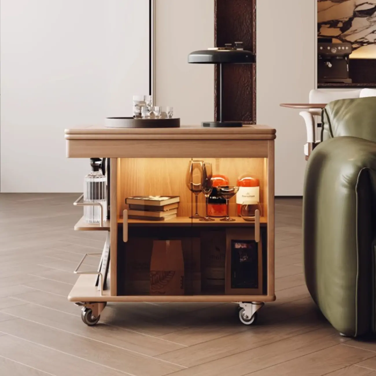 Natural Foldable Top Wood Storage Mobile Side Table Image - 1 | homeyfad