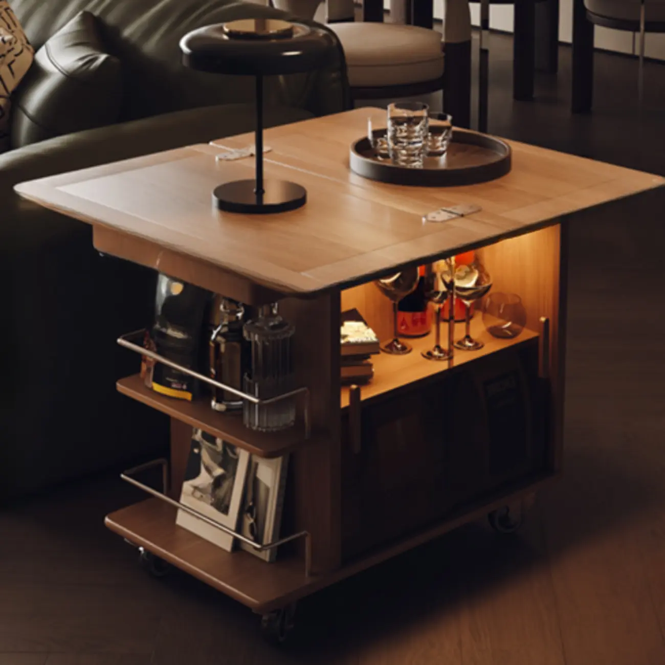 Natural Foldable Top Wood Storage Mobile Side Table Image - 4 | homeyfad