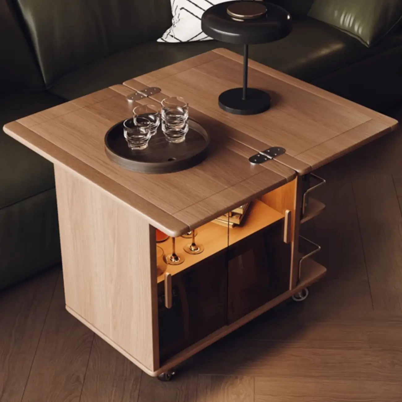 Natural Foldable Top Wood Storage Mobile Side Table Image - 3 | homeyfad