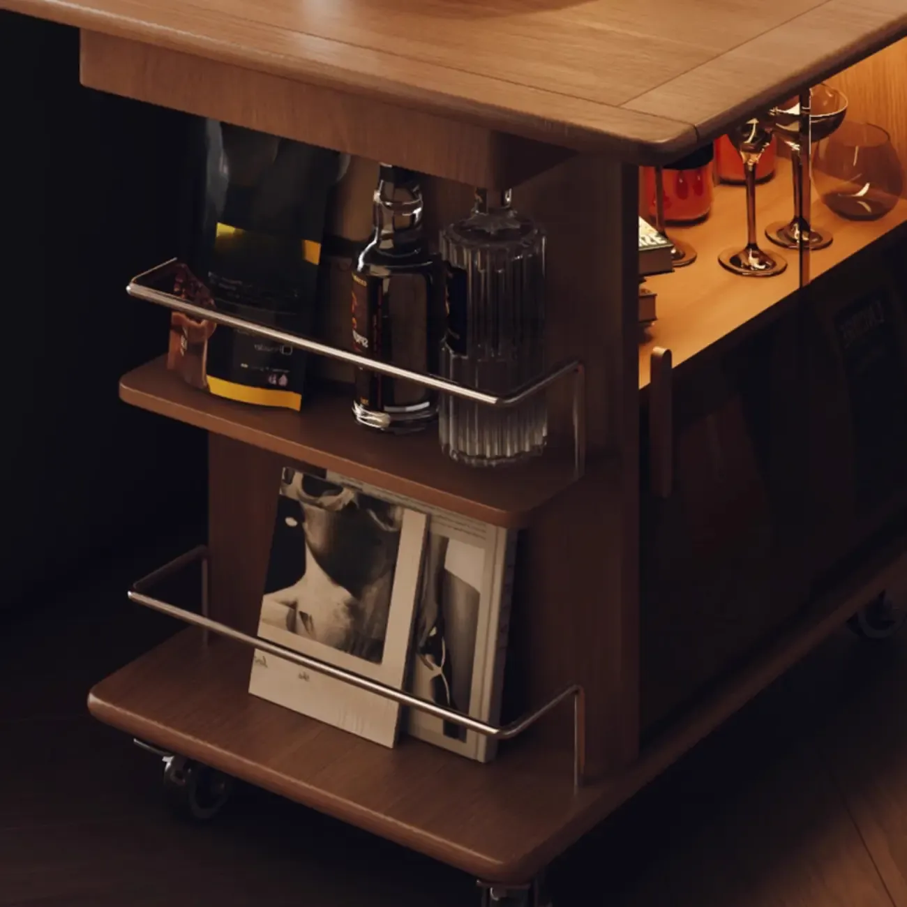 Natural Foldable Top Wood Storage Mobile Side Table Image - 7