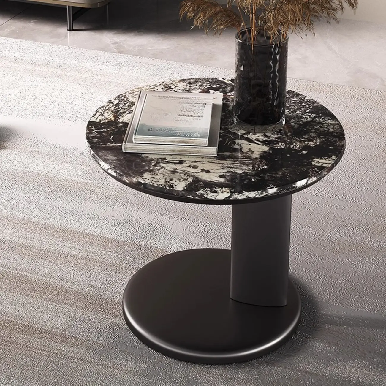 Modern Black Round C-shaped Side Table With Stone Top Image - 1 | homeyfad