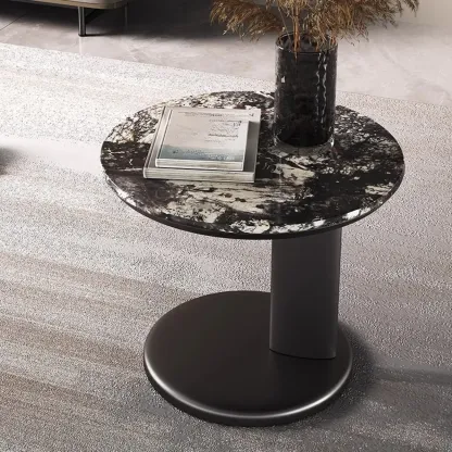 Modern Black Round C-shaped Side Table With Stone Top Image - 1
