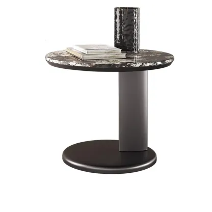 Modern Black Round C-shaped Side Table With Stone Top Image - 2
