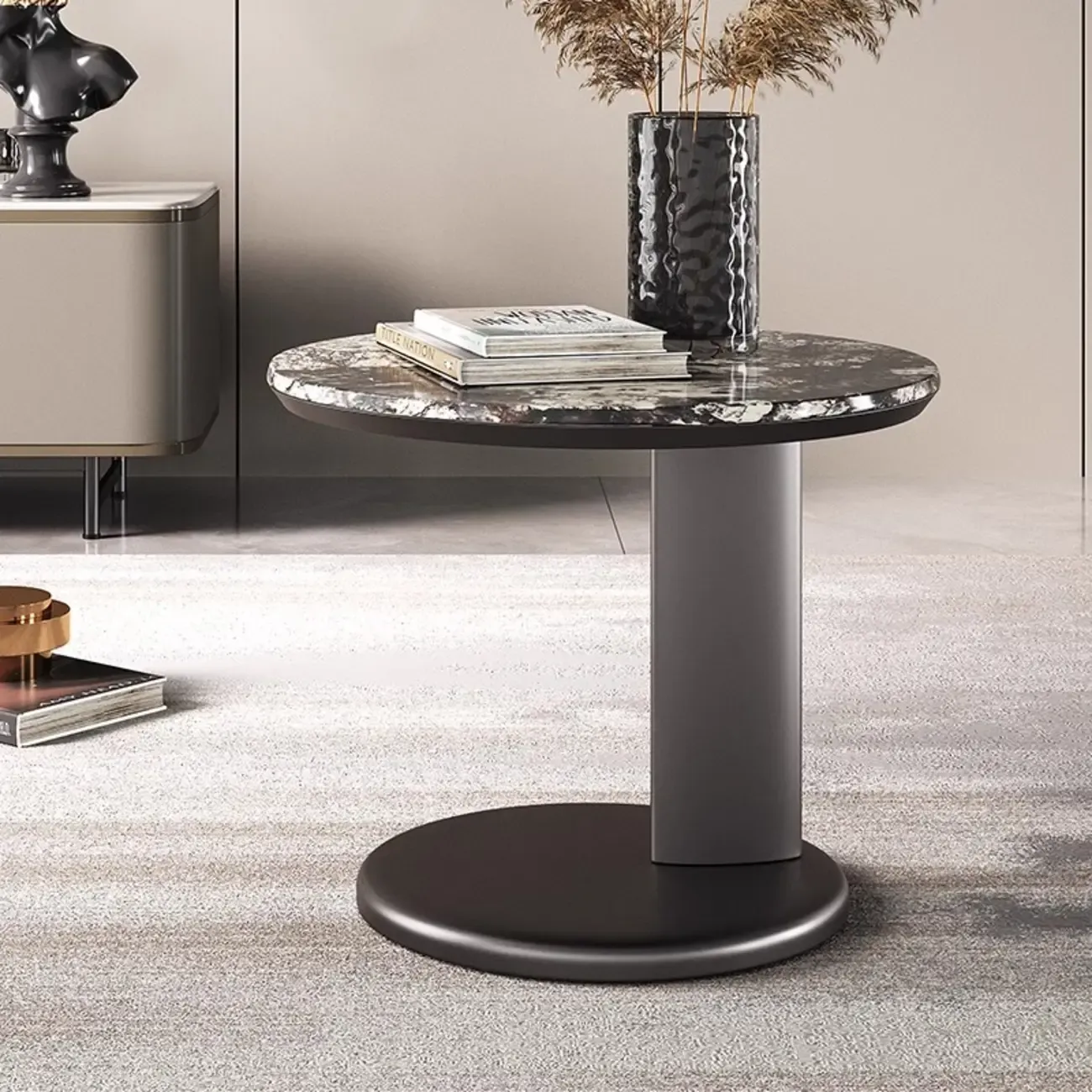 Modern Black Round C-shaped Side Table With Stone Top Image - 3