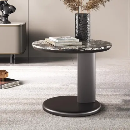 Modern Black Round C-shaped Side Table With Stone Top Image - 3