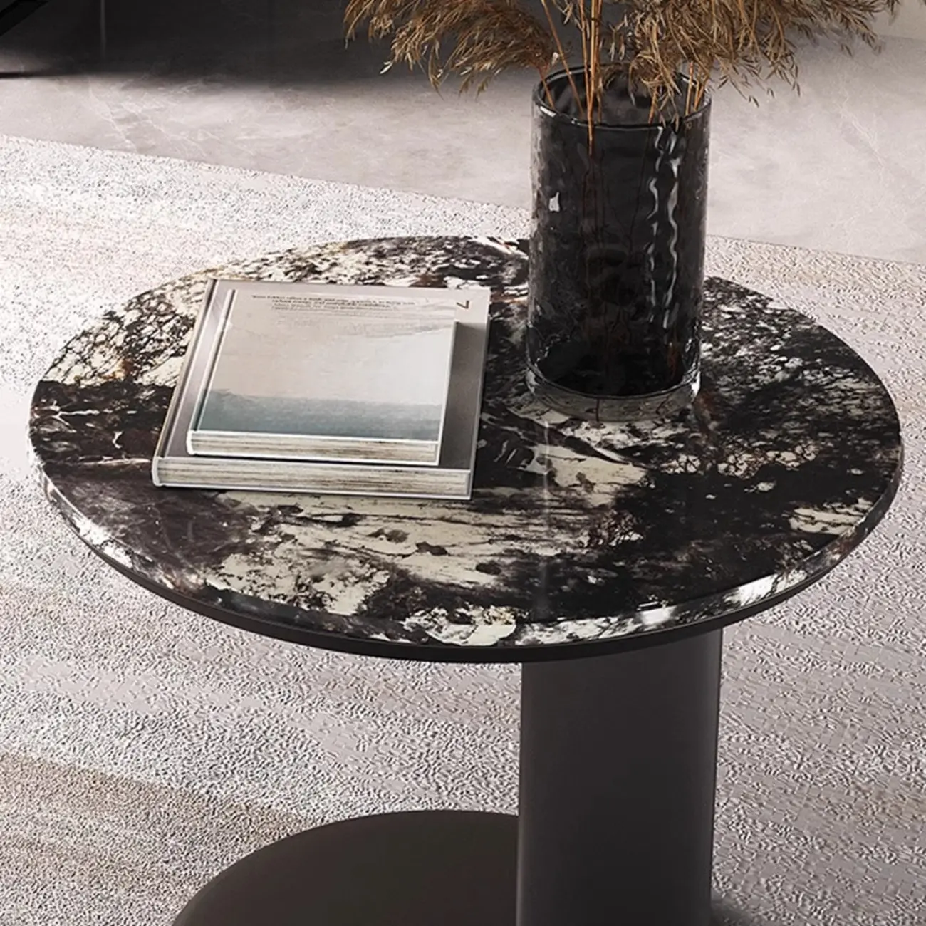 Modern Black Round C-shaped Side Table With Stone Top Image - 5 | homeyfad