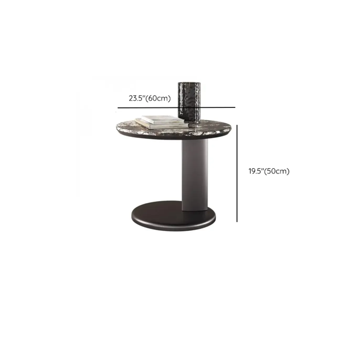 Modern Black Round C-shaped Side Table With Stone Top #size