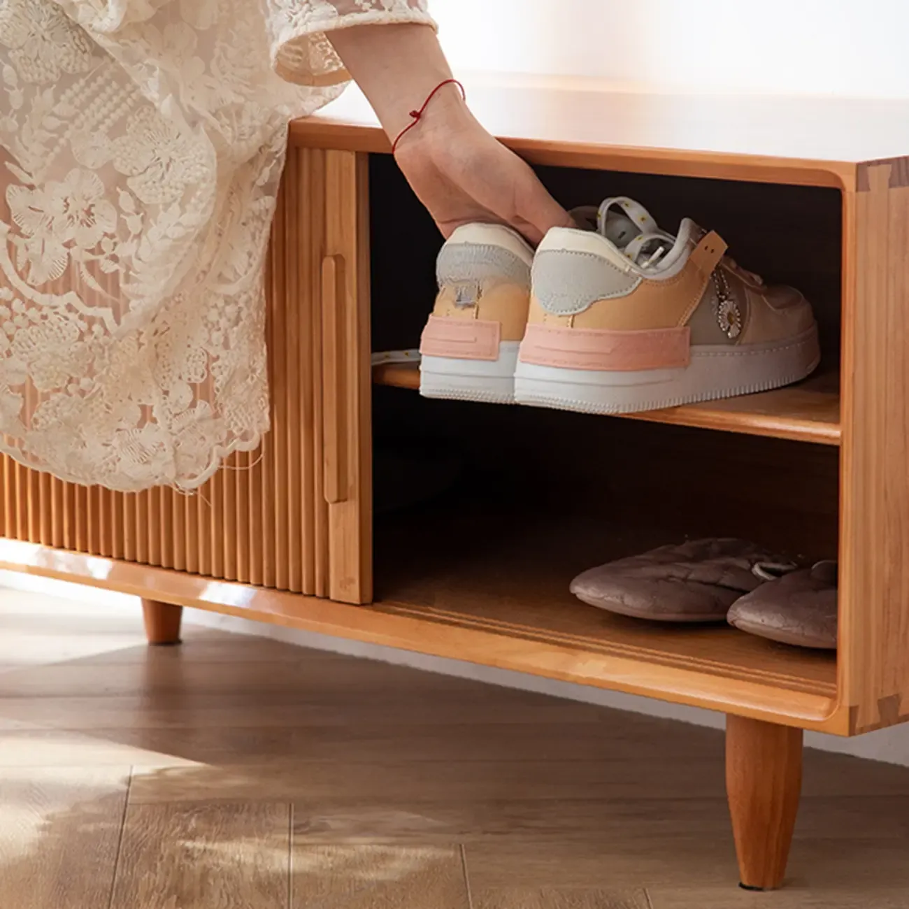 Modern Solid Wood 2 Tier Shoe Storage Bench Image - 8