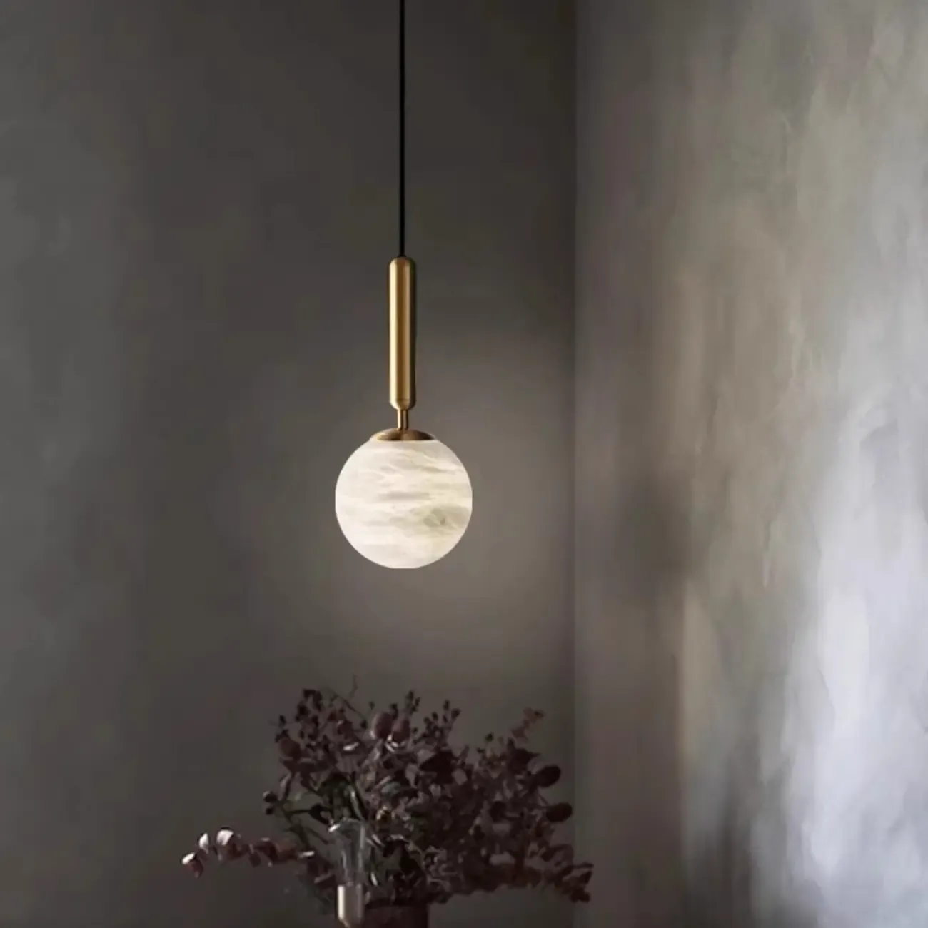 Minimalist Luxury Alabaster Gold Metal Globe Pendant Light Image - 3
