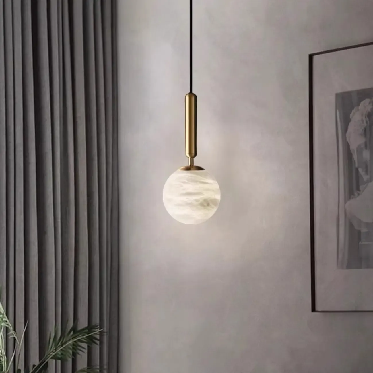 Minimalist Luxury Alabaster Gold Metal Globe Pendant Light Image - 4