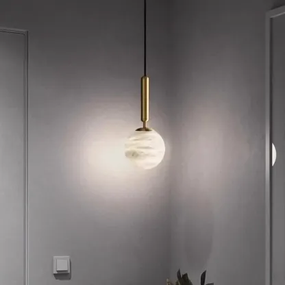 Minimalist Luxury Alabaster Gold Metal Globe Pendant Light Image - 5