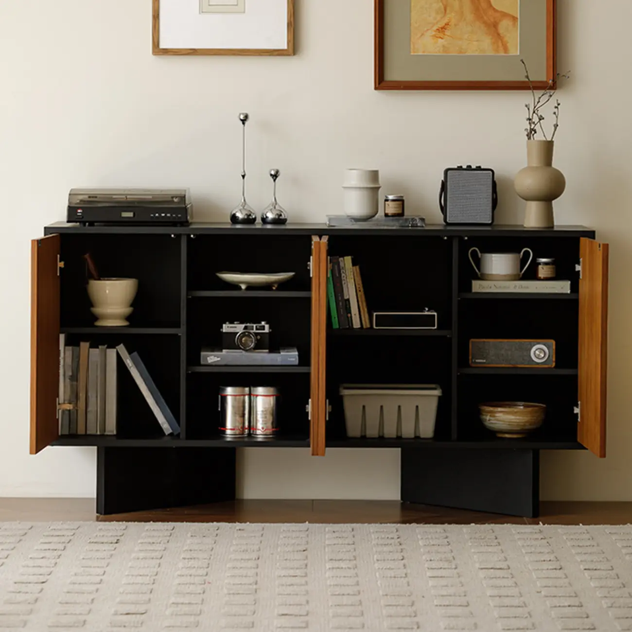 Mid-Century Modern Wood Storage Cabinet with 4 Doors Image - 2 | homeyfad