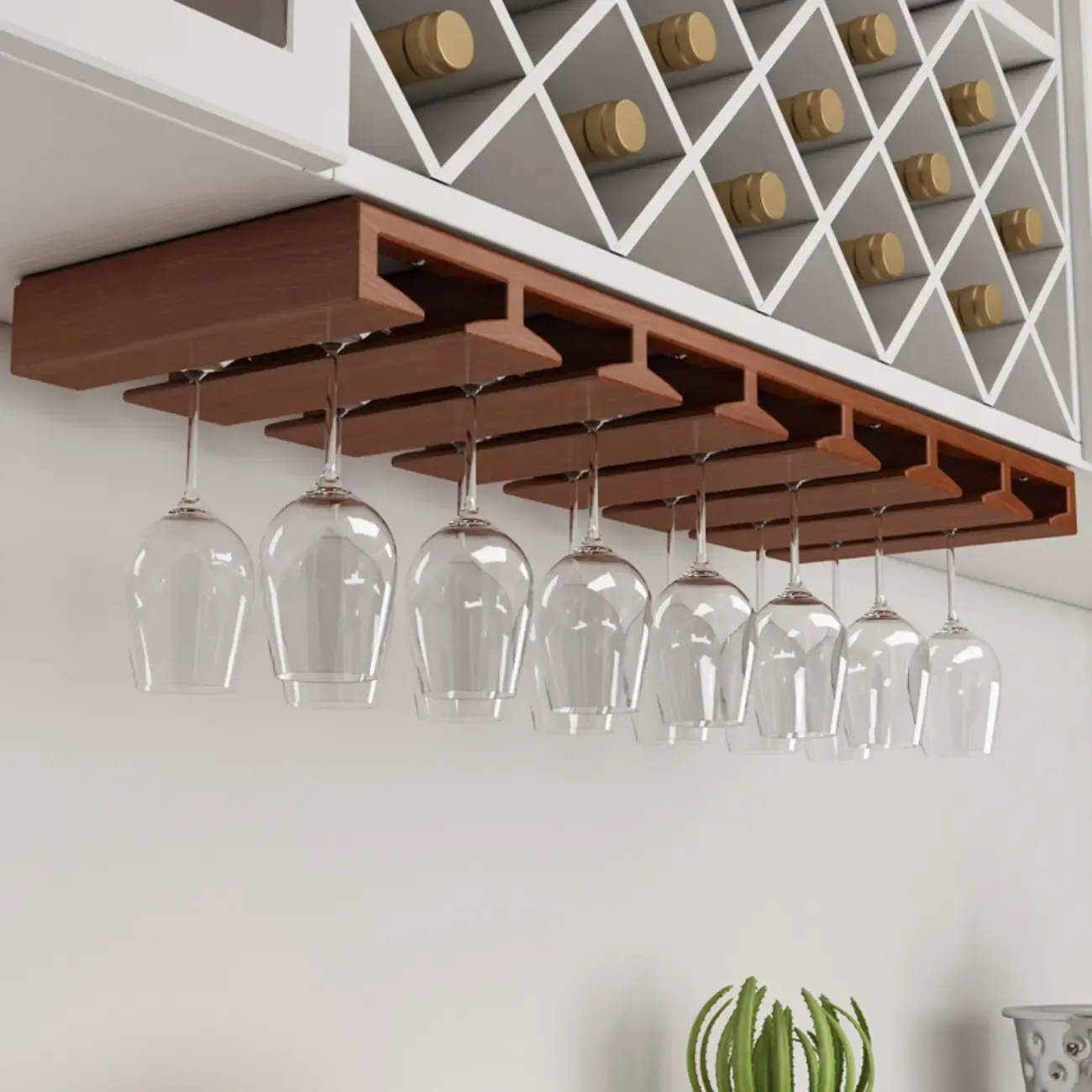 Contemporary Chestnut Wooden Hanging Wine Glass Rack | HomeyFad