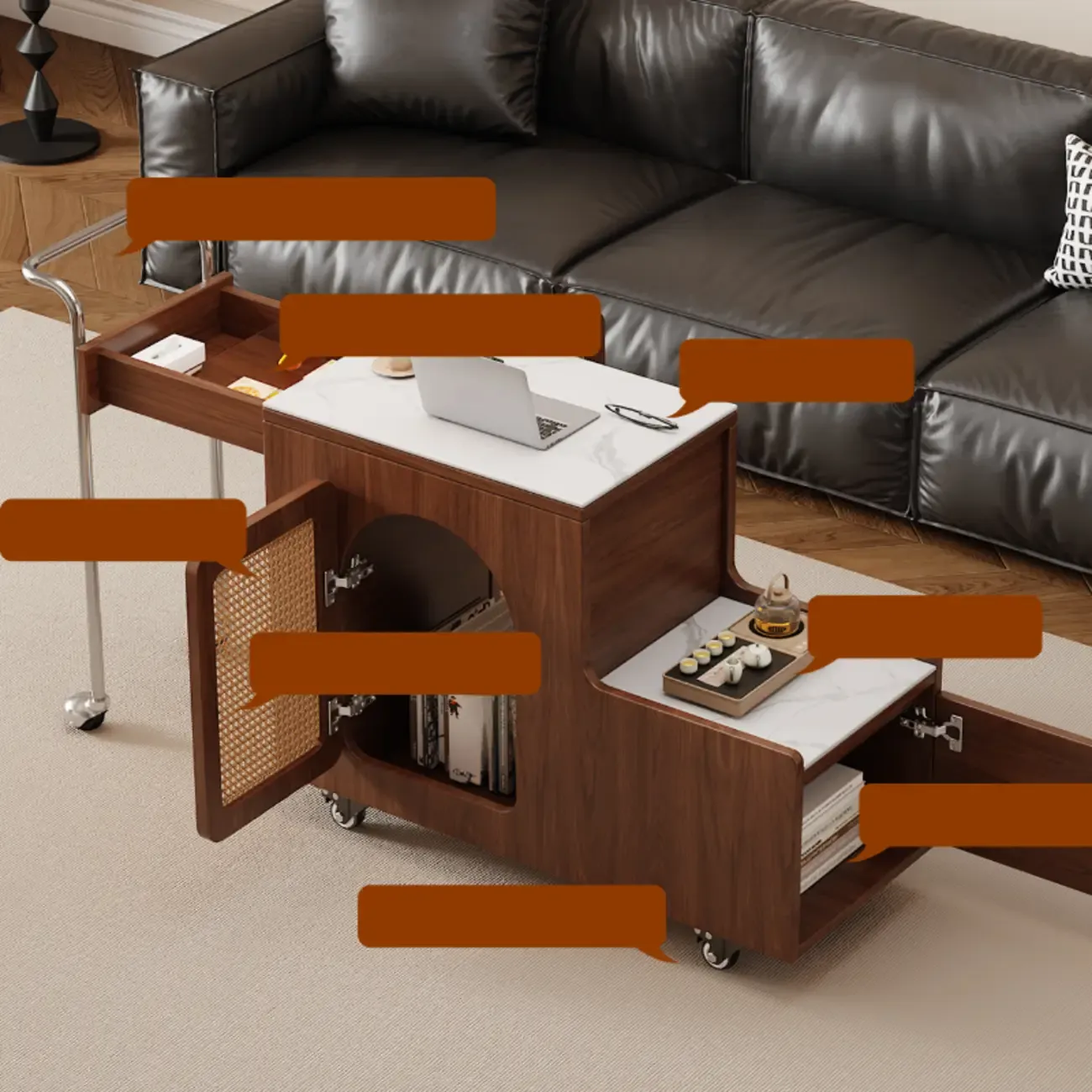 Multifunctional Sintered Stone Top Wheeled Cart Side Table Image - 5