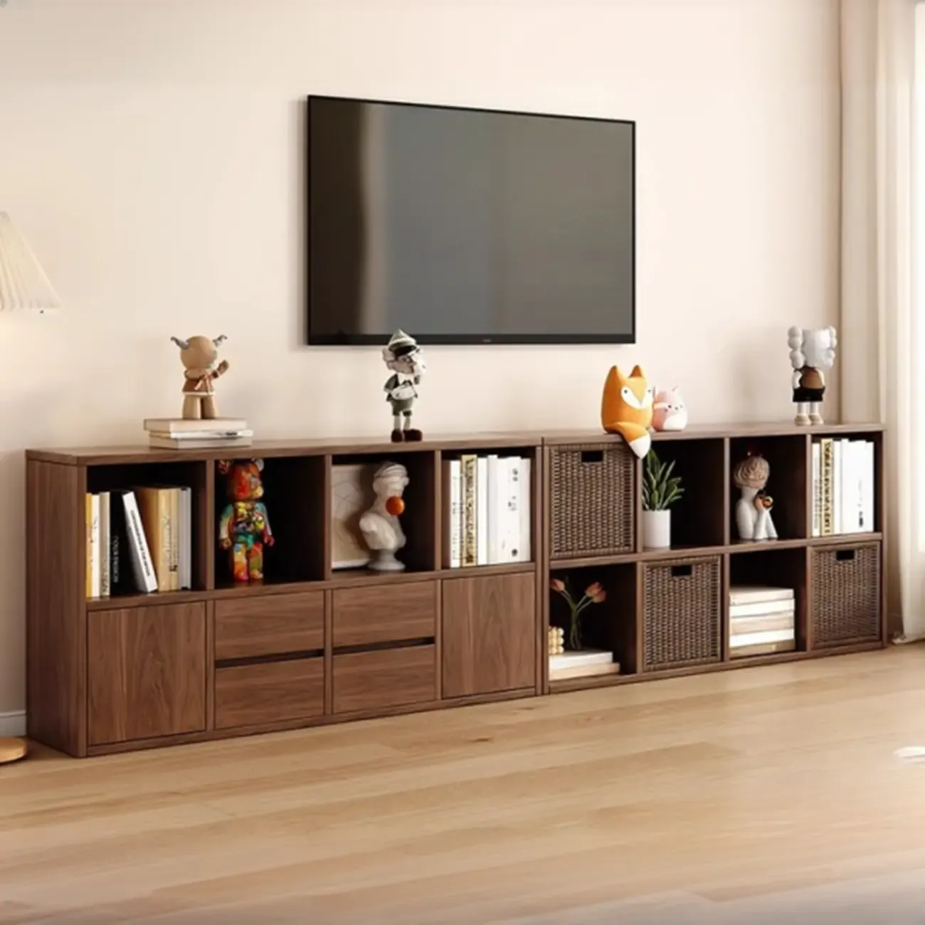 Brown Modern Wood Horizonal Cube Bookcase with Storage Image - 2