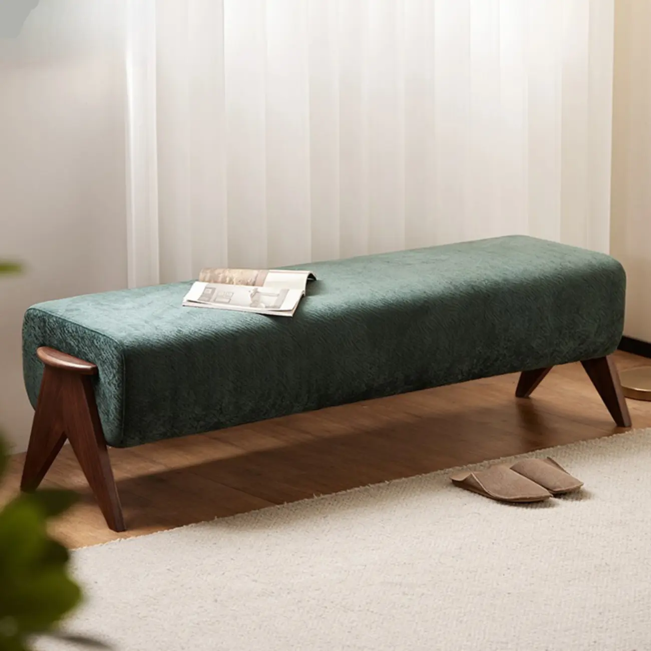 Modern Emerald Green Upholstered Bedroom Bench Image - 4 | homeyfad