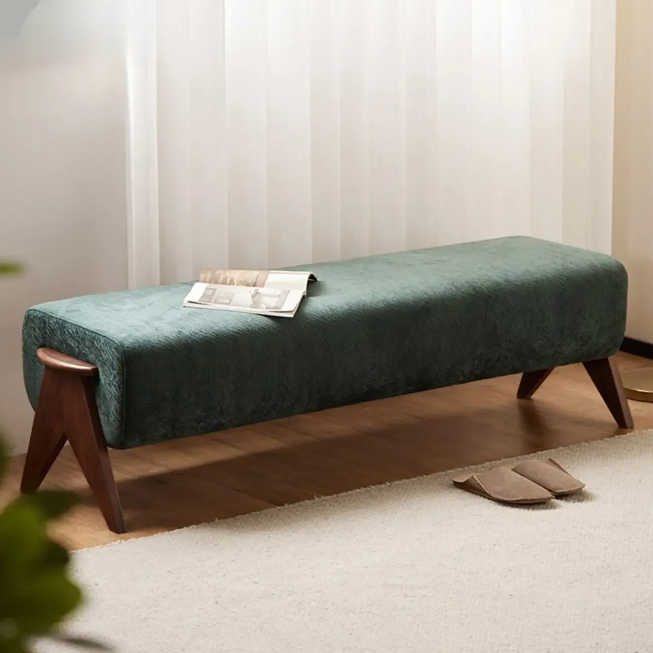 Modern Emerald Green Upholstered Bedroom Bench Image - 4