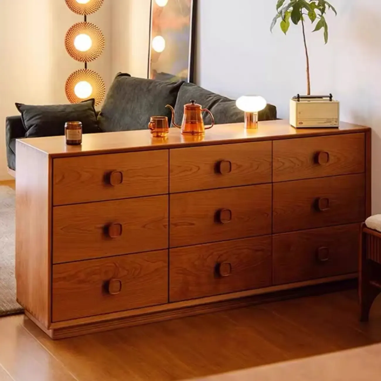 Bedroom Horizontal Multi-drawer Pine Wood Double Dresser Image - 3